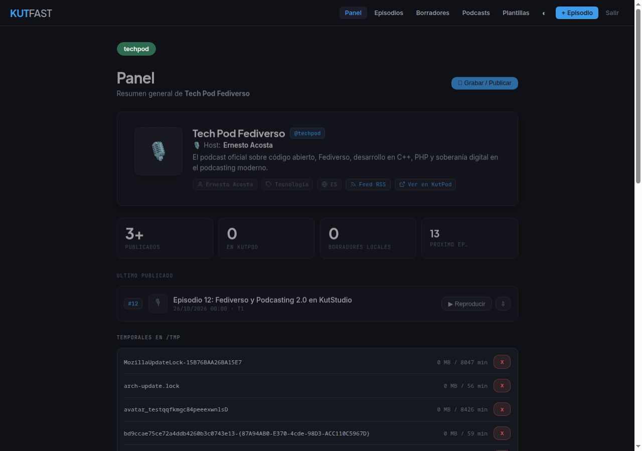 Panel principal de KutFast con tarjeta del podcast y episodios