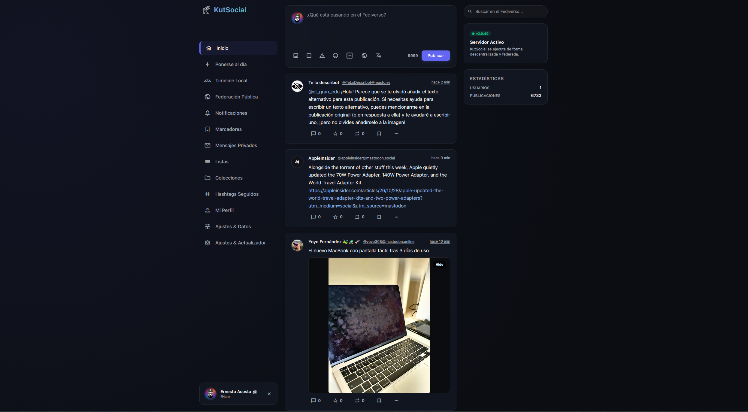 Pantalla de KutSocial